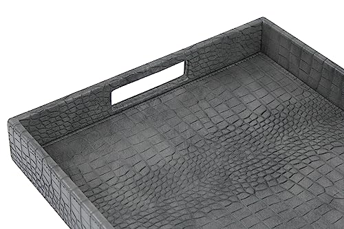 HofferRuffer Rectangle Serving Tray with Hole Handles for Coffee Table, Breakfast, Tea, Food, Butler - Countertop, Kitchen, Vanity Serve Tray, 16.2 x 12.2 x 2 inches, Faux Leather Tray (Dark Grey) - color: Dark Grey, size: 16.2" x 12.2" x 2"