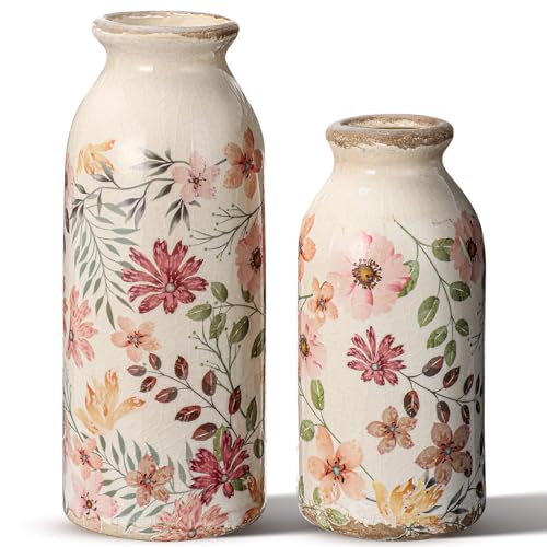 2 Pcs Ceramic Small Vase Rustic Farmhouse Vase Boho Vases Home Decoration for Your Kitchen Bedroom Office Bathroom & Shelf Centerpiece Table Decorative(Vintage)