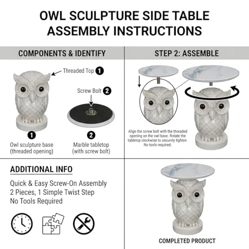 Luxurious Owl Side Table - 20" Premium Faux Marble Top Accent Table with Hand-Detailed Resin Owl Statue Base - High-End Round End Table for Study, Library, Nightstand - Tool-Free - color: White Owl