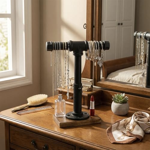MyGift Industrial Pipe Black Metal T-Bar Jewelry Bracelet & Necklace Adjustable Height Display Stand with Brown Wood Base - color: Black / Brown