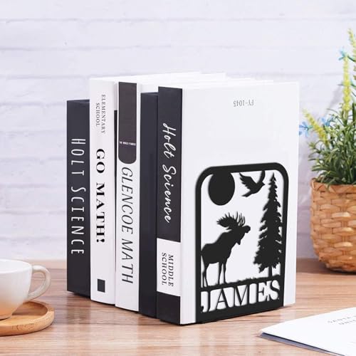 Custom Deer Metal Book Ends 2 Pcs, Forest Theme Bookends for Shelves Decorative, Heavy Duty Bookend Stopper, Deer Cabin Decor, Book Organizer for Desk, Black Book Holders for Home Office, Hunter Gifts - color: Color01 Deer