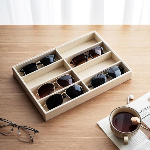 pickpiff Drawer Sunglass Organizer & Display Tray: 1 Pcs 8 Grids Velvet Scratch-Free Eyeglasses Case (13.8x9.4x1.6inch) - Soft Beige Glasses Storage Holder Box for Men & Women - size: 8 grids
