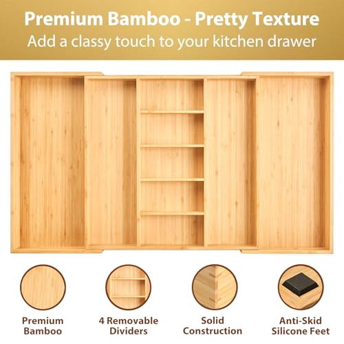 Umilife Extra Large Expandable Kitchen Drawer Organizer for Utensil and Junk, 19" Deep for Big Drawer, 19" to 33" Adjustable Bamboo Wood Drawer Divider, Cutlery Tray, Flatware Holder - style: For Utensil (19"~33" x 19")