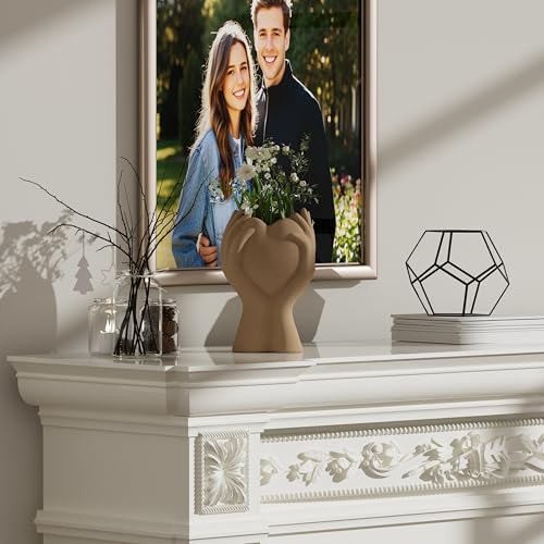 8 Inch Heart Hand White Ceramic Vase - Unique Modern Aesthetic Flowers Vase for Living Room Bedroom Office Kitchen Table Centerpiece or Shelf Decor - Gifts for Wedding Bridal Shower Women Mom (Brown) - color: Brown