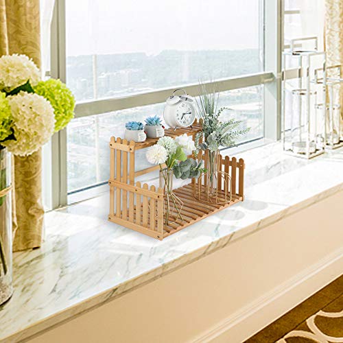 GURECOD 14.6"/18.5" 2 Tiers Bamboo Plant Stand Shelf,Desk Flower Pot Holder,Adjustable Desktop Shelf Display Organizer Ladder Rack for Office Decorate Storage Rack,Kitchen Rack (18.5" Length) - size: 18.5" Length