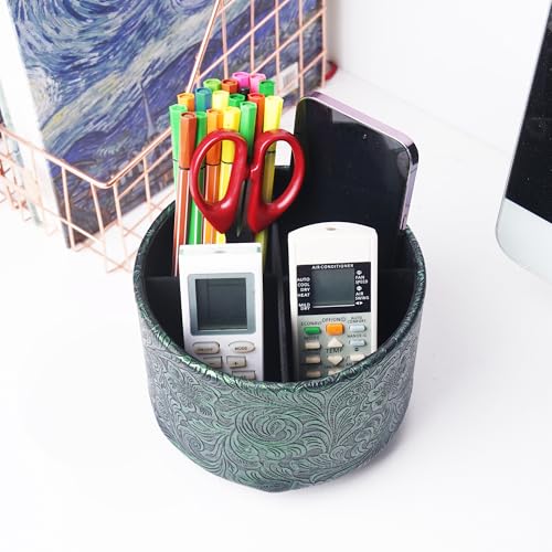 lizimandu Round Leather Art Supply Organizer,Remote Control Holder,360 Degree Spinning,Multi-Functional Pencil Holder,4 Compartments Desktop Stationary Organizer(1-Carved Metal Green1) - color: 1-Carved Metal Green1
