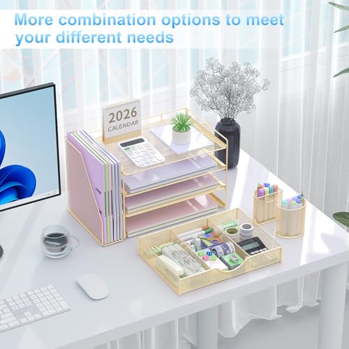 gianotter Desk Organizers and Accessories with File Holder, 4-Tier Desk Accessories & Workspace Organizers with Drawer and 2 Pen Holder, Paper Organizer for Office Supplies(Gold) - color: Gold