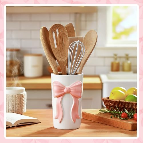 LemonRoad Pink Bow Ceramic Utensil Holder 3D Coquette Handmade Pink Kitchen Decor Mothers Day Kitchen Gifts Cooking Utensil Crock with Scalloped Preppy Caddy Pen Holder Vase for Countertop Spoon - color: Pink, style: Preppy Bow