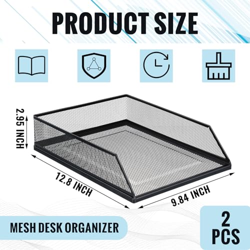 Hicarer 2 Pcs Black Metal Letter Tray Stackable Desk Tray Single Wire Mesh Organizer Front Load File Paper Holder for Desktop Office Home School Classroom (12.8 x 9.84 Inch) - size: 12.8 x 9.84 Inch