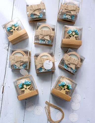 10 Pcs Handmade Wooden Tea Candle Holders, Baptism Gift, Baby Birthday Party Favors, Christening Guest Favors . (Light brown - blue) - color: Light Brown - Blue