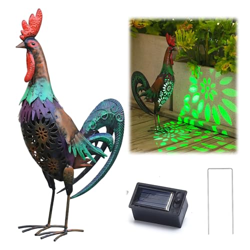 Solar Rooster Statue Light Outdoor, 18" Metal Yard Art Rooster Figurines(Retro Rooster). - style: Retro Rooster