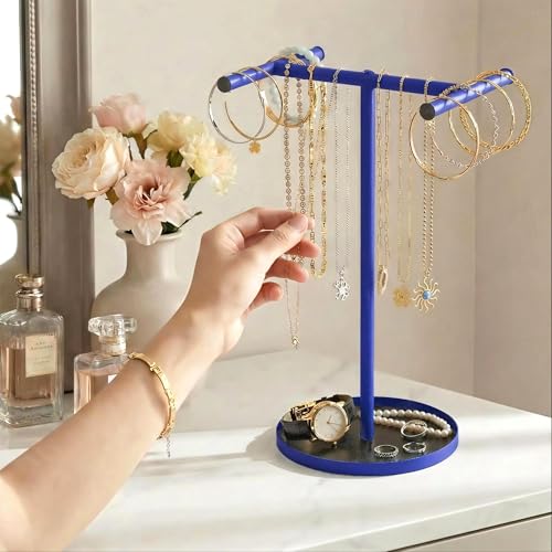 Necklace Holder Organizer, Metal Jewelry Stand to Prevent Bangles, Necklaces, Bracelets, Rings, Earrings and Watch Tangling - color: Blue