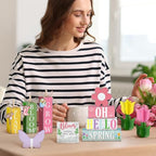 Vercraft 11 Pcs Spring Table Decorations Tulips Tiered Tray Decor Butterflies Home Centerpiece Decorative Wood Books Table Top Decor Flower Wooden Sign for Party Supplies - style: Spring
