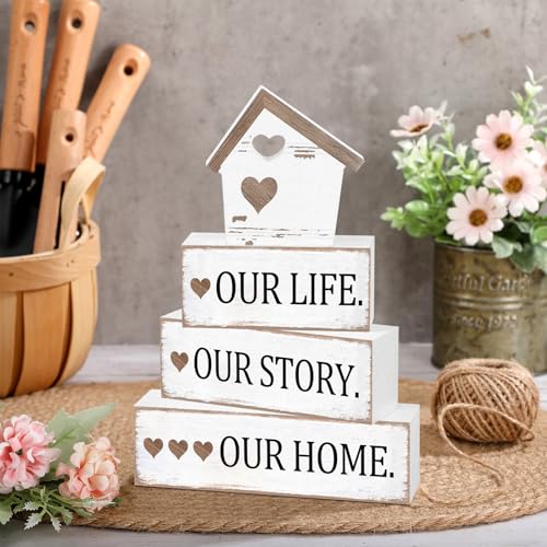 Cinnvoice 4 Pcs Farmhouse Tabletop Decor Rustic Family Blessed Home Table Centerpiece This Is Us Sign for Kitchen Shelf Desk Fireplace Mantel Tiered Tray Decor(Distressed Our Life Story Home) - style: Distressed Our Life Story Home