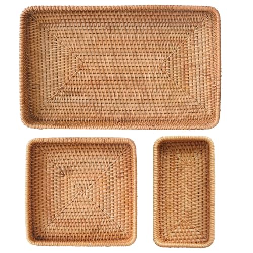 Rattan Serving Tray, Rectangle Basket Set of 3, Wicker Storage and Organizing Baskets, Natural Decorative Woven Tray for Home Decor, Bathroom, Kitchen Counter - style: Set of 3