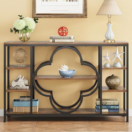 GiftGo 47" Farmhouse Console Tables for Entryway Retro Sofa Table Behind Couch Open Display Storage Shelves for Foyer, Hallway, Front Door,Living Room,Elegant Four-Leaf Clover (Rustic Brown, 47")
