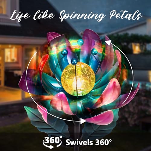 AIINY Solar Purple Metal Flower Wind Spinners, Colorful Spinning Windmill Lotus Yard Art Lights Wind Pinwheels with LED Crystal Ball Decorative Stake Lighting Flower Sculpture - color: Purple