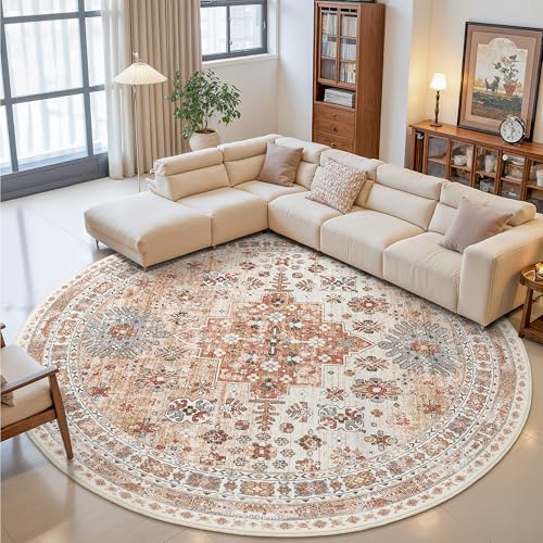 zesthome 9ft Round Rugs for Living Room, Non-Slip Washable Round Area Rugs, Ultra-Thin Large Circle Rugs, Soft Low Pile Rug for Bedroom, Kitchen - Vintage Stain Resistant Round Rug (Orange,9'x9') - color: Orange, size: 9' (Round)