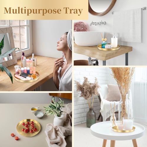 6 PCS Gold Tray Serving Platter, 9.8 Inches Round Gold Decorative Trays, Stainless Steel Coffee Table Tray, Vanity Jewelry Makeup Organizer, Countertop Tray for Bathrooms, Cafes, Restaurants