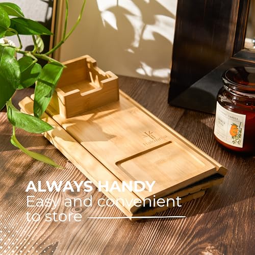 Couch Arm Tray Table with Cup Holder, No More Spills or Clutter, Bamboo Sofa Arm Tray for Drinks Snacks and Phone, Non Slip Foldable Couch Organizer