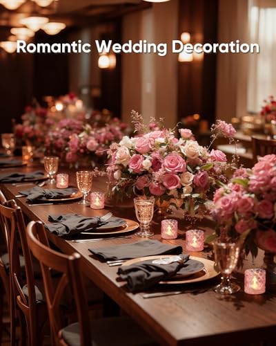 Homemory 2" x 2" Acrylic Votive Candle Holders with Auto Timer Flameless Led Tealight with, Battery Powered Fake Electric Candles for Wedding Centerpiece, Table, Christmas Decor (12Pack, Pink Base) - color: Pink, size: 12 Pack