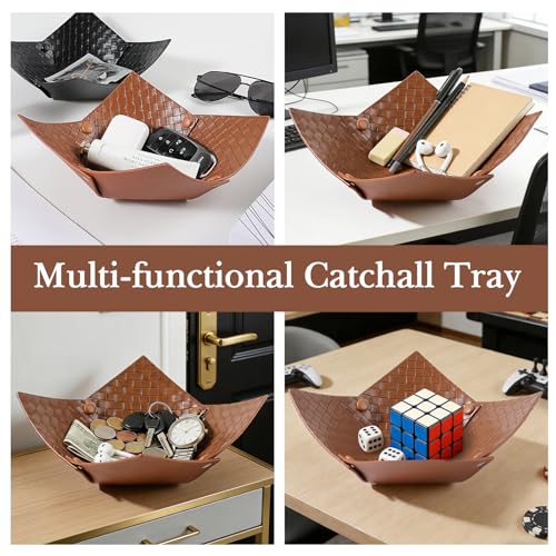 KINIVA PU Leather Jewelry Valet Tray for Men Women,Small Key Bowl for Entryway Table,Portable Travel Catchall Dice Tray (Bowl-Brown-2pcs) - style: Bowl-Brown-2pcs