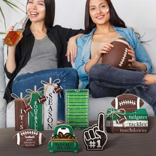Vercraft 11 Pcs Football Table Decorations Football Tiered Tray Decor Centerpiece Decorative Wood Books Table Top Decor Tailgates Tackles Touchdowns Wooden Sign for Home Party Supplies - style: Football