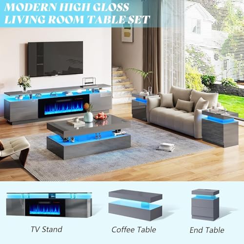 AMERLIFE Fireplace TV Stand with 40" Fireplace, 80" Modern Fireplace Entertainment Center LED Lights, 2 Tier TV Console Cabinet for TVs Up to 90", Grey - color: Grey, size: 80"
