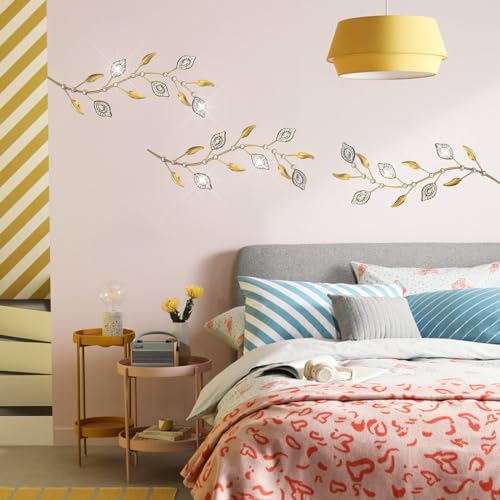 Cityelf 3 Set Crystal Leaf Wall Art Sculpture Iron Tree Leaves Branch Hanging Wall Décor Jeweled Bling Home Deor Acrylic Diamond Accent … - color: gold set 3