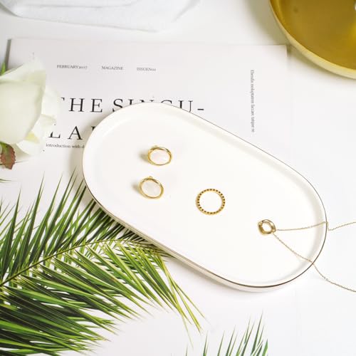 Ceramic Jewelry Dish, Perfume Vanity Tray, 7x4 Decorative Catch All Bowl for Trinket Key Ring, Small Bathroom Counter Tray, Soap Tray for Kitchen Sink (White) - color: White