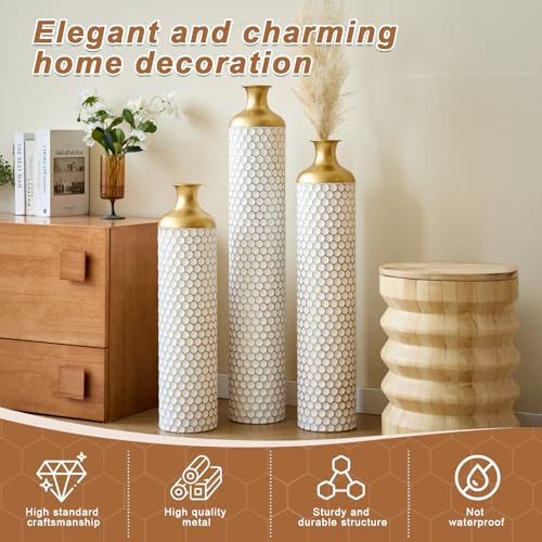 Floor Vases, Tall Home Decor Metal Vase Set of 3 Large Glazed Decorative Vases for Wedding Decor, Elegant Modern Flower Holder for Living Room, Entryway, Hallway, Dining Room - color: Leaf Scatter White Gold