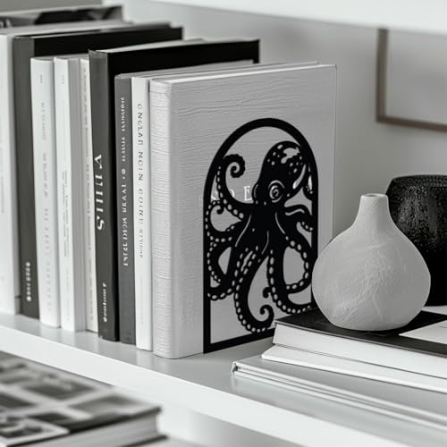 Peacoblue Metal Bookends for Shelves, Modern Decorative Heavy Duty Study Book Support Stoppers for Office, Desk, Shelf, Room 5.3"x4.3"x7.9" Cast Iron Simple Tall Bookends, 1 Pair (Octopus) - style: Octopus
