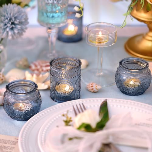 DARJEN 24Pcs Blue Votive Candle Holders - Glass Candle Holder for Party Decoration, Tea Lights Candle Holder for Wedding Shower & Gift - color: Blue