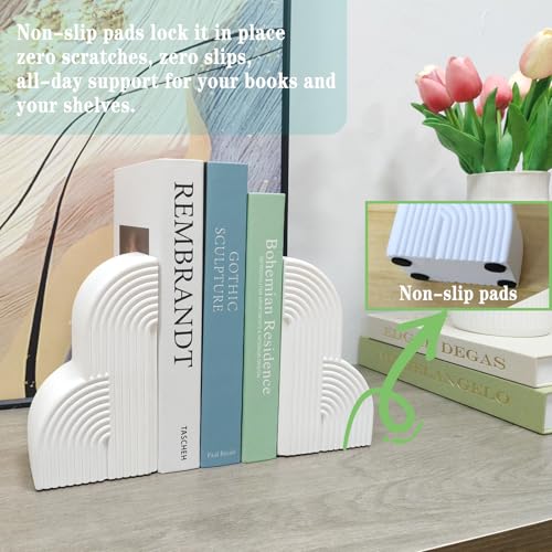 Decorative Book Ends for Heavy Books - Concrete Clound Aesthetic Bookends - Set of 2 Boho Book Stopper for Modern Home Office Bookshelf Decor (Concrete-White)