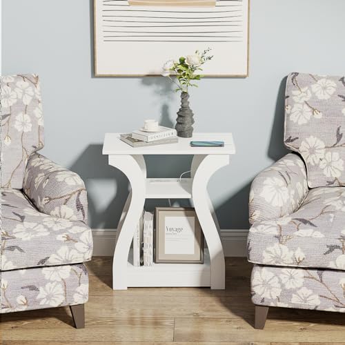 FROMJBEST End Tables Living Room, White End Table with Charging Station,White Side Table, Nightstand for Bedroom, 3 Tier End Table with Storage Shelf for Living Room - color: White01