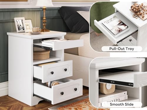 LIKIMIO Night Stand, Modern Bedside Table with 2 Drawers, Open Shelf, End Table with Pull-Out Tray, Wood SideTable, White - color: White