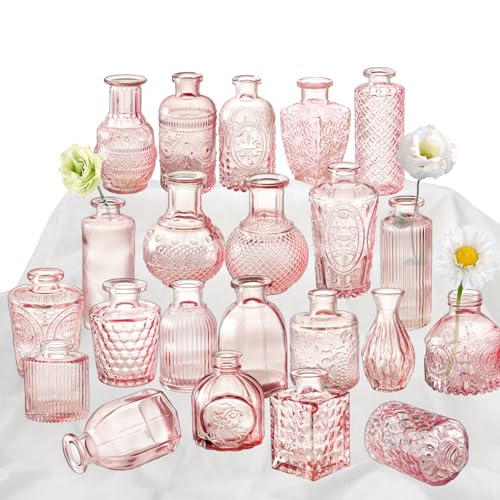 Pink Glass Bud Vase Set of 22, Small Vases for Flowers, Clear Glass Vases for Centerpieces, Mini Bud Vases in Bulk Rustic Wedding Decorations, Centerpieces, Vintage Look Home Table Flower Decor - color: Pink