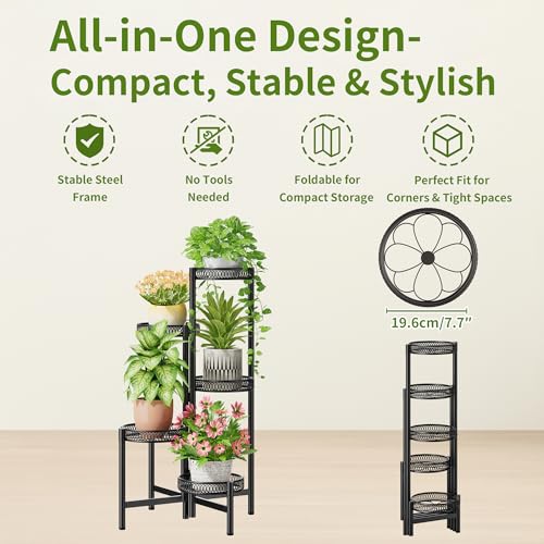 Plant Stand Indoor Outdoor, 5 Tier Corner Metal Flower Display Holder Stand, Folding Tall Plant Rack for Patio Balcony Porch Garden Living Room House, Heavy Duty Wrought Iron Plant Shelf - BlackFlower - color: BlackFlower, size: 5-Tiers