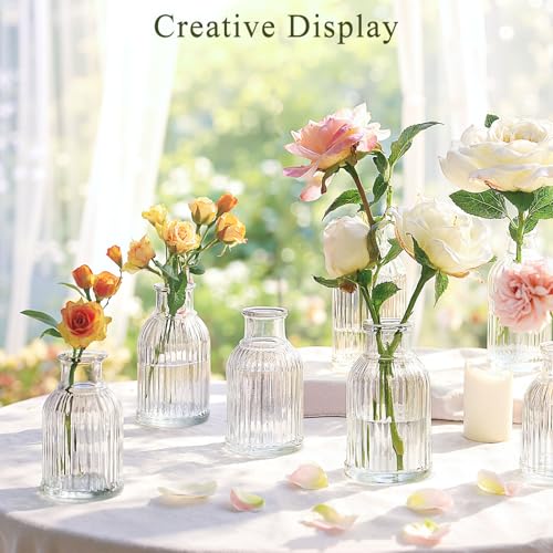 DomeStar 16PCS Glass Bud Vases for Flowers, 3.8inch Small Flower Vase in Bulk Clear Mini Ribbed Vases for Centerpieces Suitable for Modern Wedding Reception Baby Shower Table Decorations