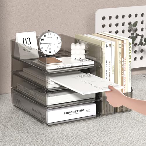 FANXIYQ 4-Tier Acrylic Paper Tray Organizer with Bookends | Clear Stackable Desk Organizer for Documents, Letters, A4 Paper | Modern Office/Classroom/Home Organization,Brown - color: Brown, size: 15.5" x 12.6" x 11"