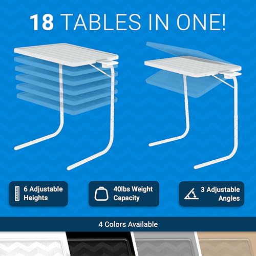 Table-Mate TV Tray Table | Portable Desk Folding Dinner Tray, Couch Table Trays for Eating Snack Food, Portable Laptop Desk, Bed Trays for Eating | Adjustable TV Trays with 3 Angles and Cup Holder - color: White, size: 15"D x 21"W x 29"H