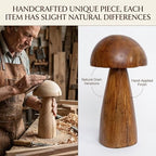 Solid Teak Wood Mushroom Decor, Handmade Wooden Sculpture Rustic Boho Tabletop Accent, Natural Wood Grain Home Decoration Figurine for Living Room, Shelf, Coffee Table Indoor Decor