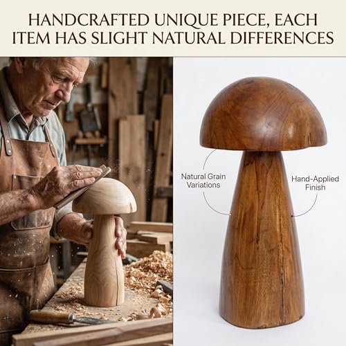 Solid Teak Wood Mushroom Decor, Handmade Wooden Sculpture Rustic Boho Tabletop Accent, Natural Wood Grain Home Decoration Figurine for Living Room, Shelf, Coffee Table Indoor Decor