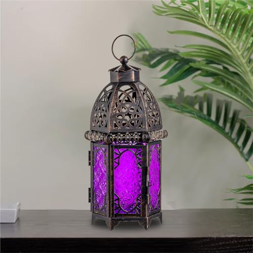NEEDOMO Moroccan Candle Lantern, 12.8'' Hanging Lanterns Decorative Indoor Outdoor, Vintage Candle Holder for Chritsmas, Halloween, Table, Patio, Porch, Shelf, Gothic Home Decor (Purple) - color: Purple, size: Large