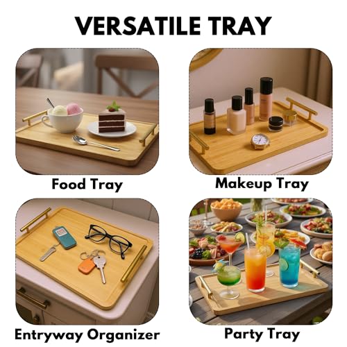 2 Pack Bamboo Serving Tray with Metal Handles, 15.8×11.4“ Solid Wooden Tray for Food, Rectangular Decorative Tray for Ottoman, Coffee Table, Living Room, Bathroom, Party