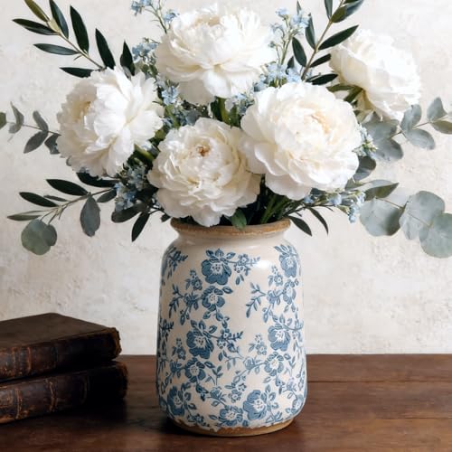 Ronasip Vintage Blue and White Chinoiserie Ceramic Vase, 6.9” Hand-Painted Peony Floral Design, Antique Style Vases for Home Decor, Centerpieces, Living Room, Balcony (Blue and White) - color: Blue and White