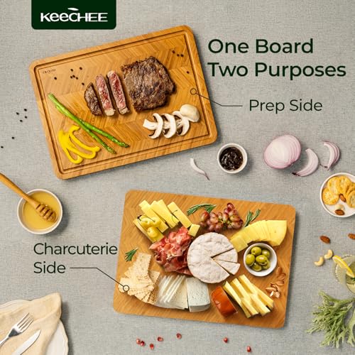 Keechee Atelier Collection Bamboo Cutting Board, Reversible Wood Chopping Boards for Kitchen with Juice Grooves, Handcrafted Large Serving Tray, Luxury Housewarming Wedding Gifts for New Home - size: One Piece M