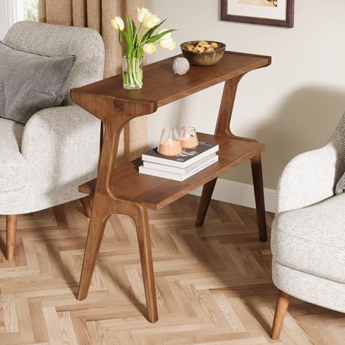 Tribesigns Solid Wood End Table, Rustic Side Table for Couch, 2-Tie Farmhouse Tall End Table, Narrow Bedside Table for Bedroom, Living Room, Easy Assembly, Rustic Brown - color: Rustic Brown