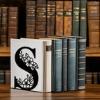 Peacoblue Metal Bookends for Shelves, Modern Decorative Heavy Duty Study Book Ends Stoppers for Office, Desk, Shelf, Room 5.3"x4.3"x7.1" Cast Iron Simple Tall Bookends 1 Pair (Letter S with Flower) - style: Letter S with Flower