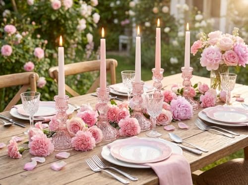 Glass Candle Holder Set of 12, Pink Taper Candle Holders Bulk, Vintage Candlestick Holders, Candle Stick Holder for Table Centerpieces, Wedding & Mother's Day - color: Pink